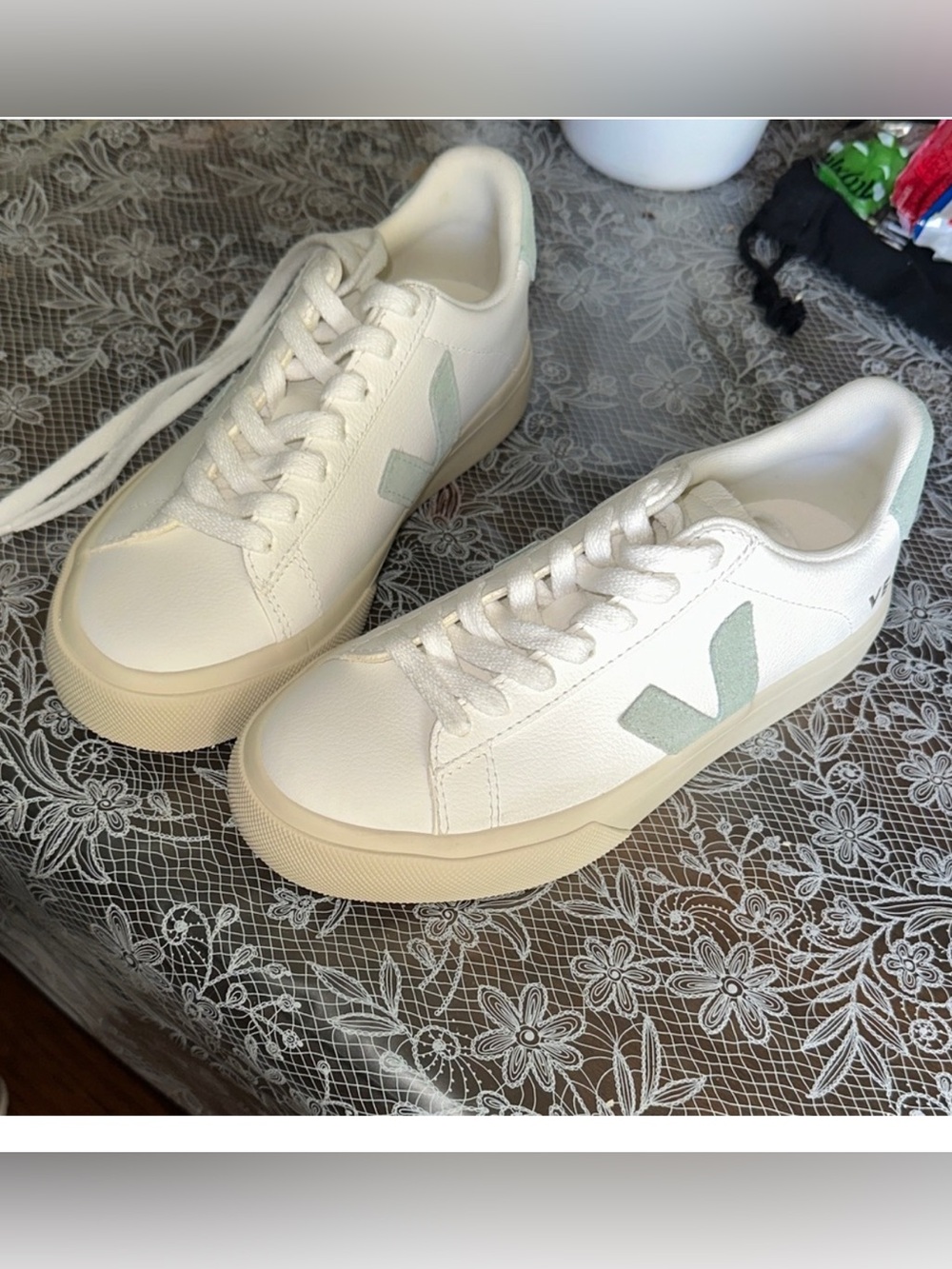 VEJA White Leather Sneakers with Pale Green Accent